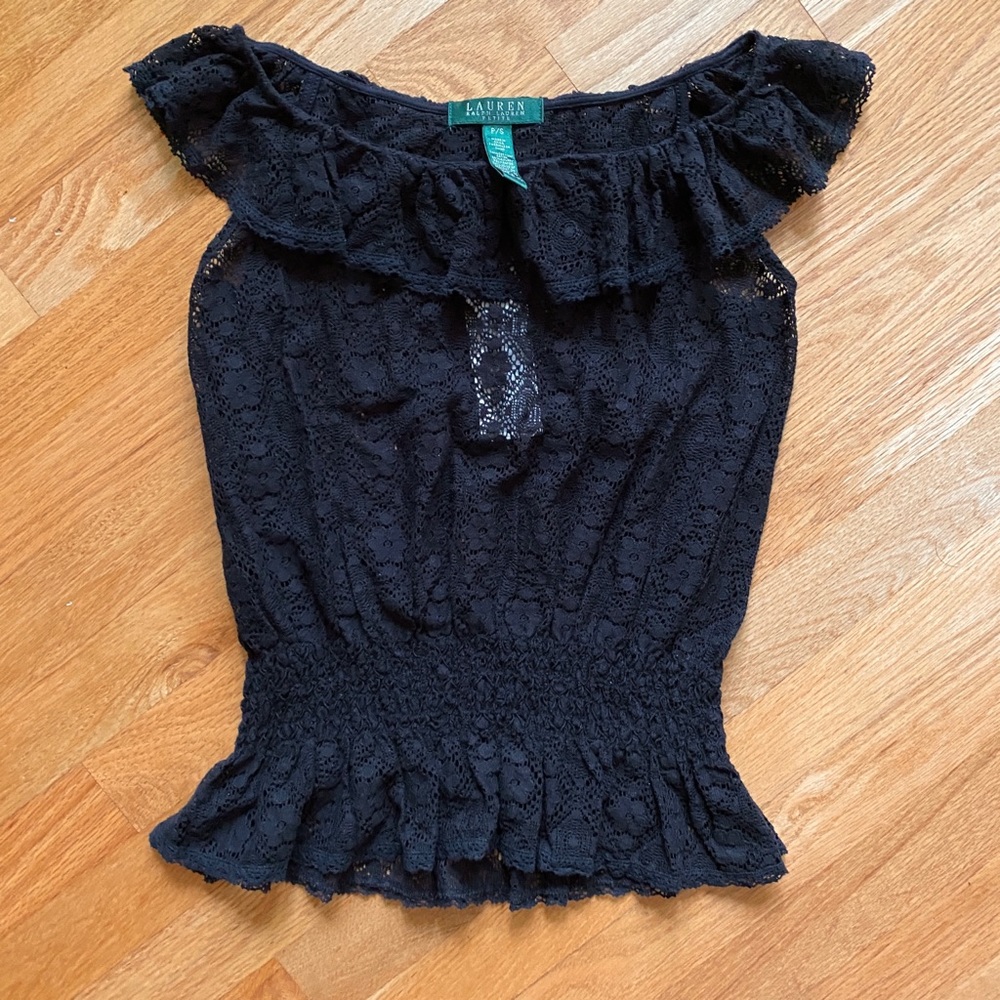 Ralph Lauren petite S sheer floral lace ruffle top solid black